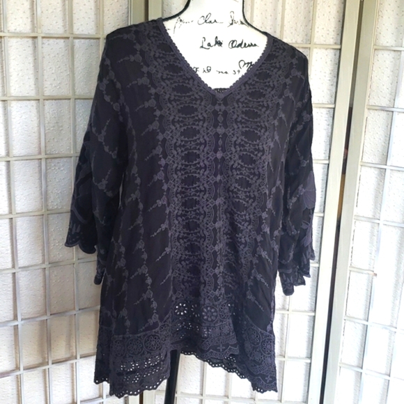 Johnny Was black and gray embroidery 3/4 sleeves v-neck tunic top S - Picture 1 of 9